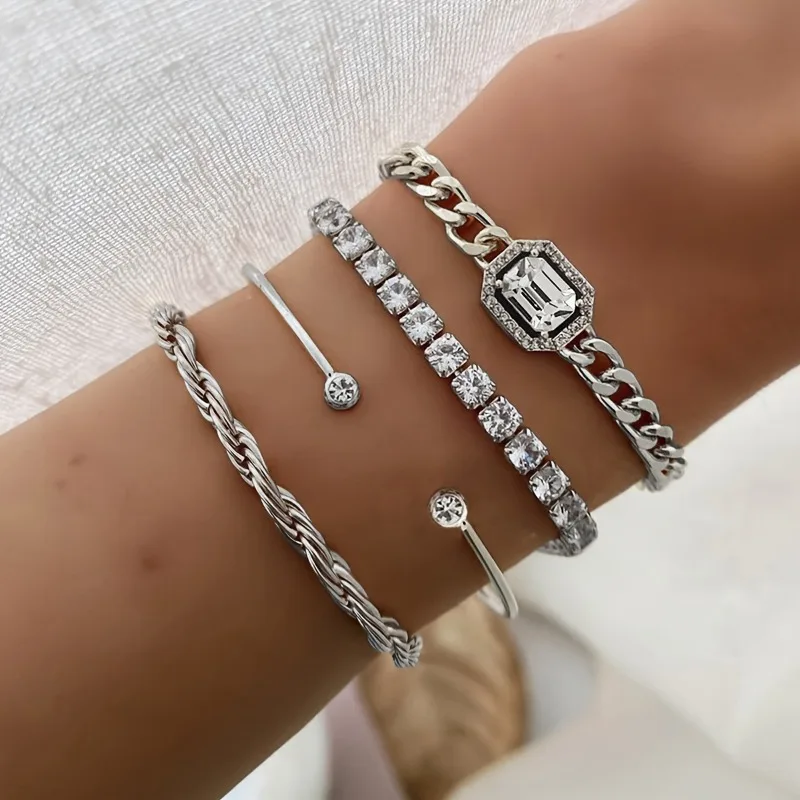 Punk Statement Bracelet Set: 4-Piece Twisted Chain & Imitation Gemstone Cuffs, Bold Rebel Style Stacking Jewelry.