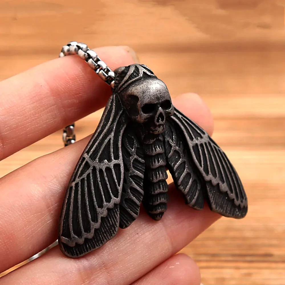 Gothic Death Moth Skull Stainless Steel Pendant Necklace Deathhead Insect Charm Unisex Punk Dark Style Street Fashion Jewelry