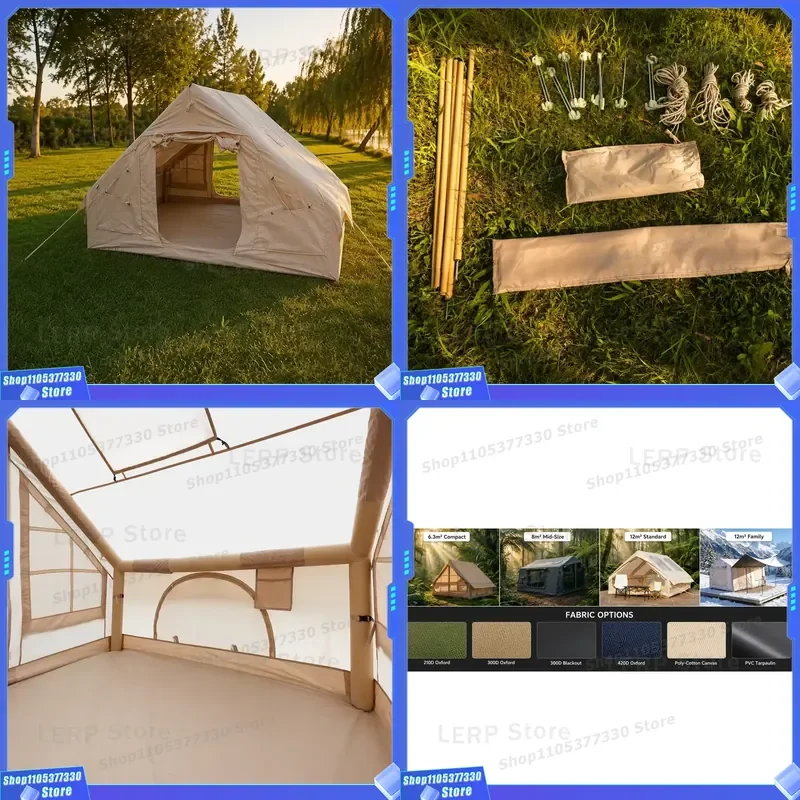 Glamping Inflatable Tent 6.3sqm Standard Air Column 210D Oxford 300x210x200cm Khaki 3-4 Person Family Portable Easy Build