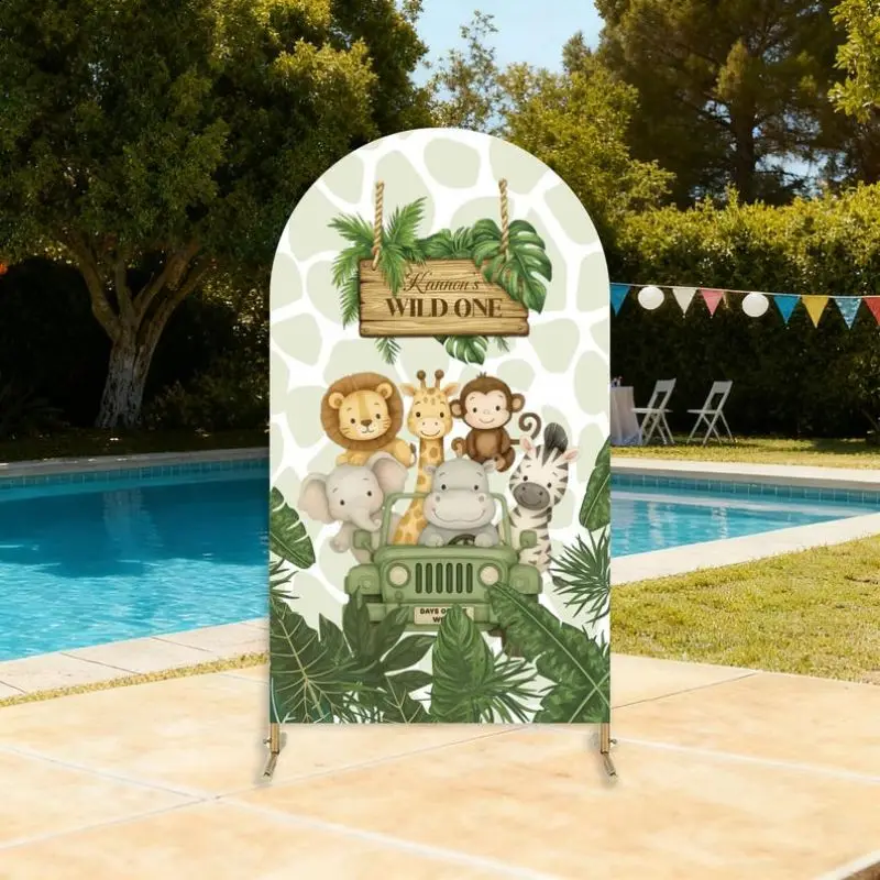 VIKAMA Housse de fond de scène en spandex motif animaux de la jungle verte pour décoration de fête, baby shower, baptême