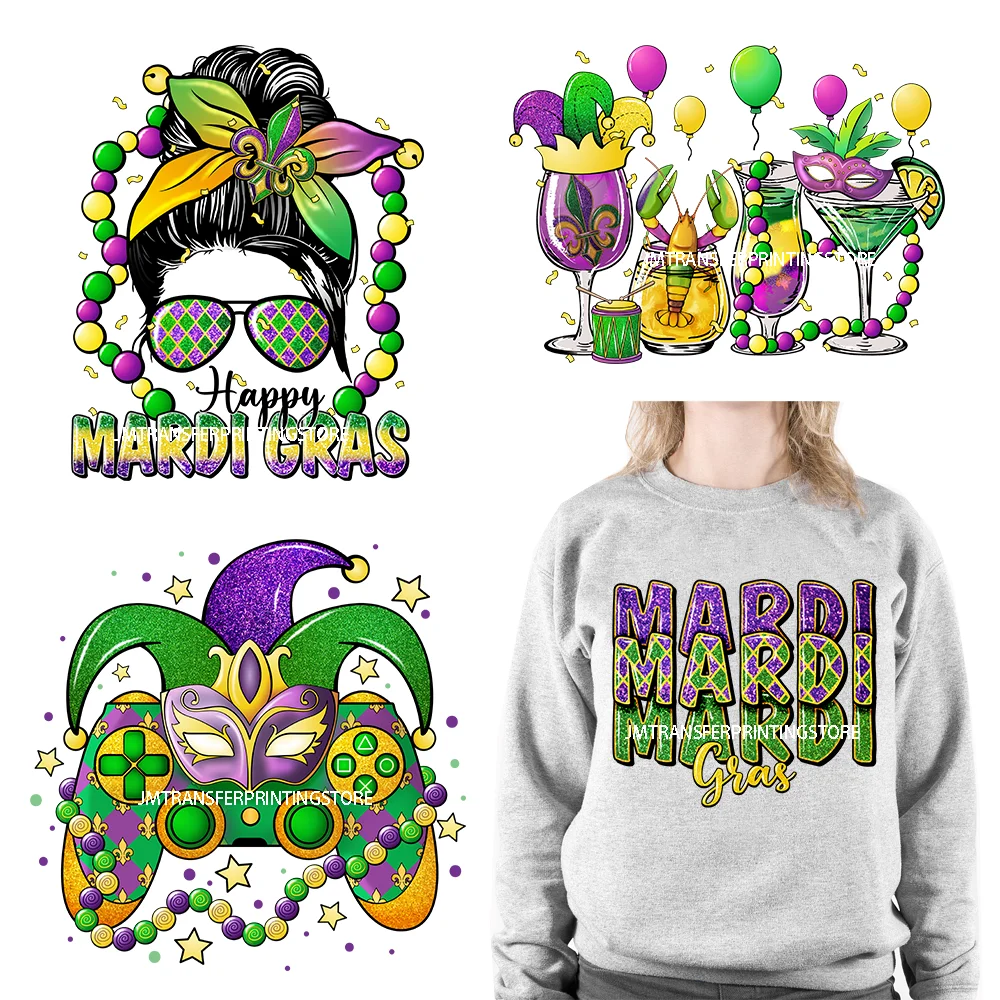 

Colorful Peace Love Mardi Gras Mask Carnival Happy Western Mardi Gras Party Iron On DTF Transfers Stickers For T-Shirts Bags