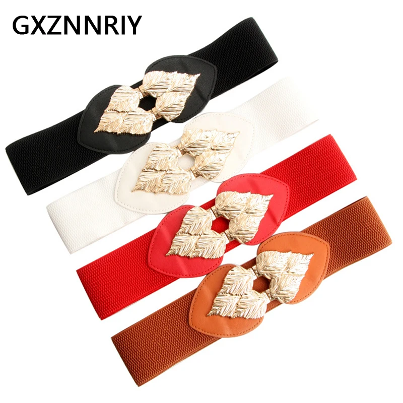 

Fashion Elastic Waist Seal Gold Color Leaf Heart Belts for Women Accessories 2023 New Korean Trendy Wide Belt Ladies Prom Gift