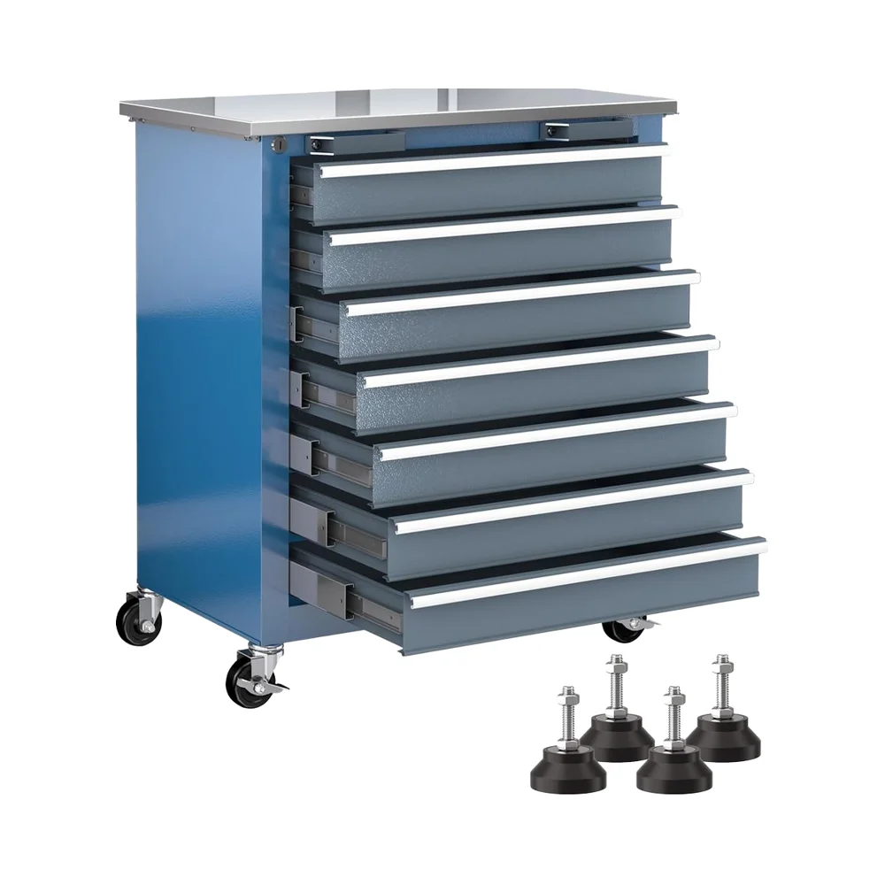 #￥for7-Drawer Modern Tool Cabinet with 360 Wheels Padded Feet Locking System Stainless Steel Worktop 150kg Load Capacity