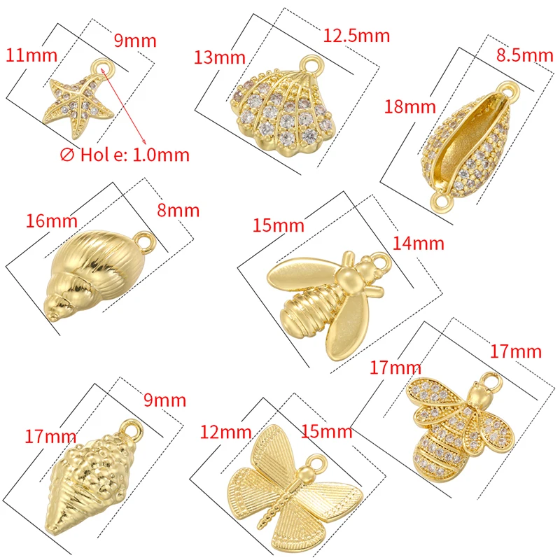 ZHUKOU Mini Charms Shell/Starfish/Bee/Butterfly Gold Plated Brass Pendant for Bracelet Necklace Making Supplies:VD1545-VD1552