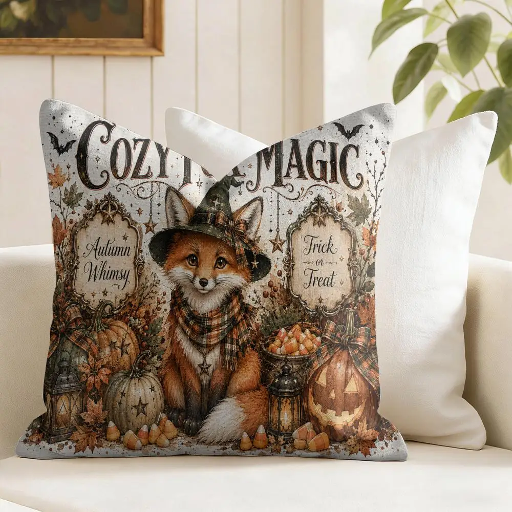 Halloween Fox Witch Vibes Cushion Cover Natural Linen Organic Fabric Double-Sided Printing Breathable Perfect Gift For Decor