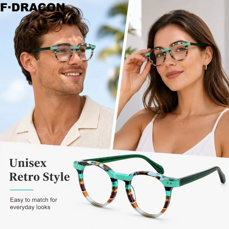 F·DRACON New Dual Color Circular Men's And Women's Eyeglass Frames Made Of Sheet Metal High-quality Light Luxury Frame FP2215