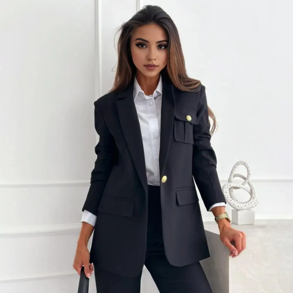 Autumn And Winter New Women Suit Coat Lapel Long Sleeve Flap Pockets Suit Jacket Solid Color Single Button Office Lady Outwear