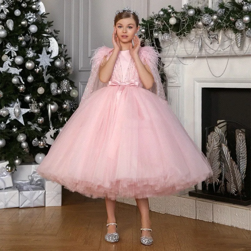 

Flower Girl Wedding Dresses Pink Princess Dress New Shawl Round Neck Gowns Sequined Graduation Prom Evening Gown Customized