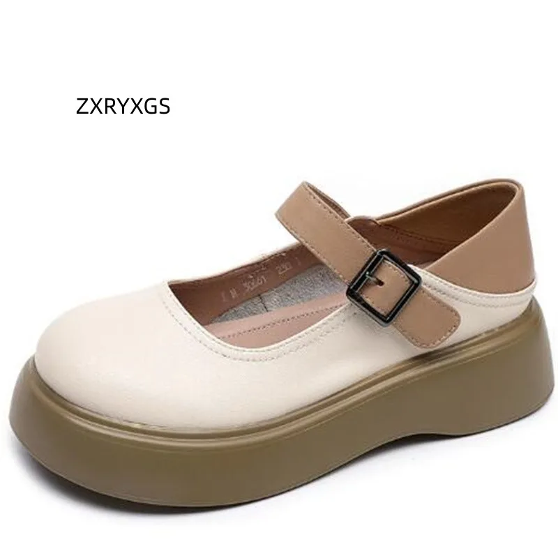 ZXRYXGS Superior Cowhide Thick Soled Heightening Shoes 2023 Large Size Elegant Comfortable Women Leather Shoes High Heel Shoes