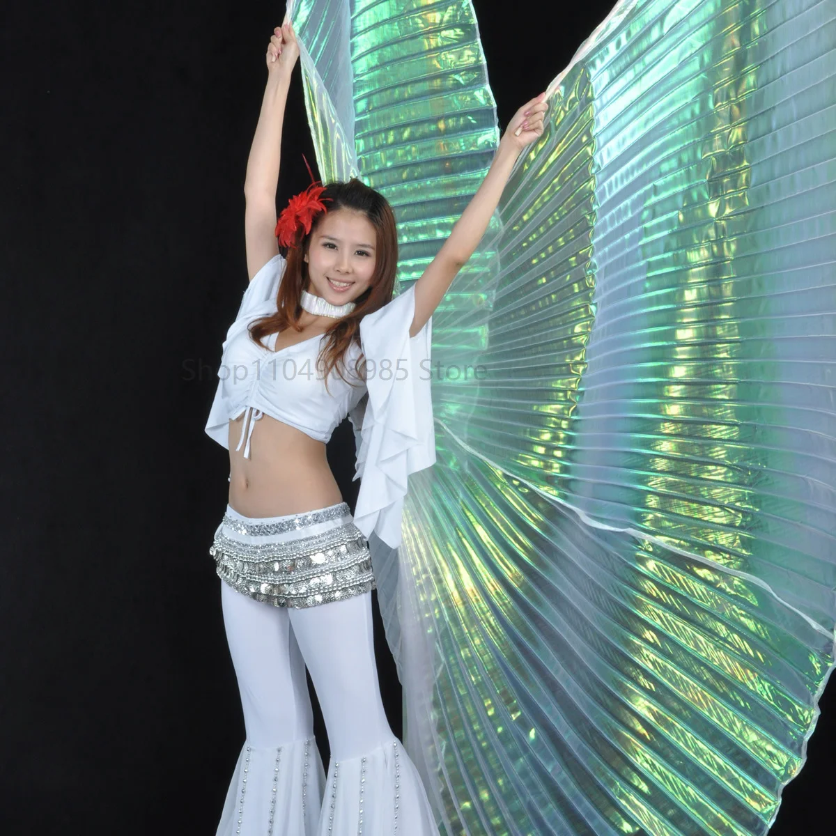 No Split Transparent Holographic Belly Dance Wings Stage Props with Wooden Stick Belly Fantasy Color Shawl Wings for Women