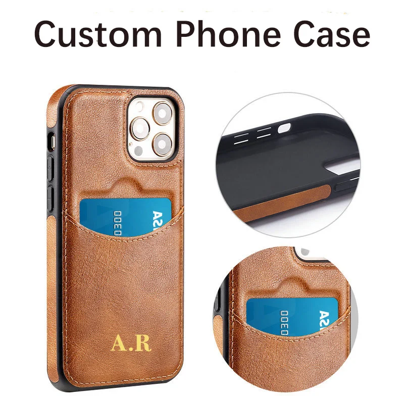 Customized Name Letters Leather Card Holder Phone Case For iPhone 15 13 12 11 14 Pro Max X XS XR 7 8 Plus Fashion Cover