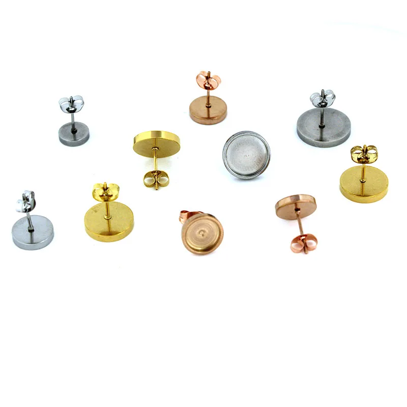 10pcs Stainless Steel Stud Earring Post Pin Setting Blank Earring Base for 6 8 10 12mm Cabochon Tray Earrings Diy Jewelry Making