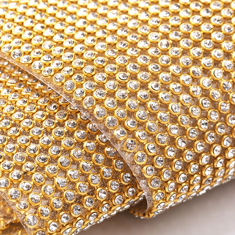 RESEN 45X20CM/PCS Hotfix Iron On Crystal Rhinestones Sheet Gold Base Adhesive Diamond Wrap For Party Stage Decoration