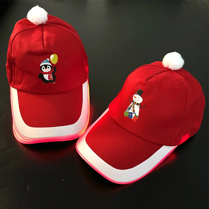 Christmas Costumes Red Baseball Caps Adult Children New Year Glowing LED Santa Claus Penguin Pattern Decorative Hats