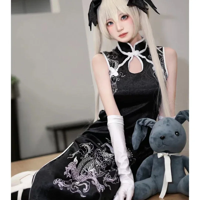 Disfraz de Cosplay de Anime Yosuga No Sora kasuvano Sora, peluca Cheongsam blanca y negra, juguete de conejo, vestido de fiesta de Carnaval de Halloween