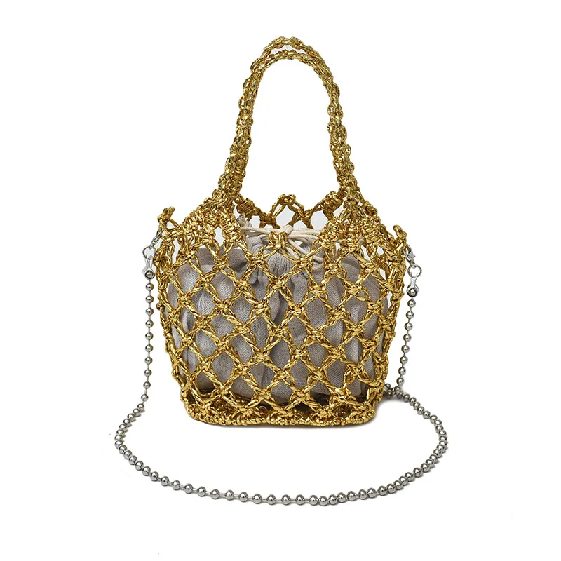 

﻿ Fashion New Solid Color Gold and Silver Thread Handmade Weaving Bag Bucket Shaped Fashion Handbag Beach Bags