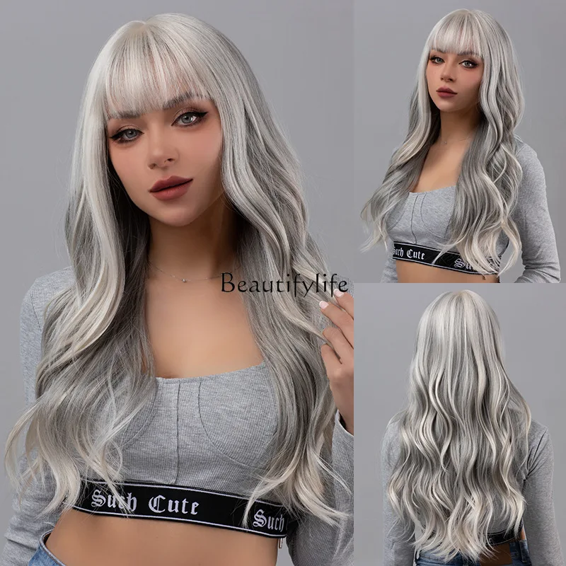 

Qi Bangs Grey Big Wave Long Curly Hair Fluffy Trim Wig Full Headgear