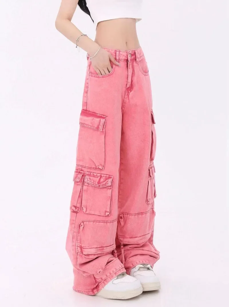 Pink multi-pocket overalls jeans female Y2K punk hip hop Gothic loose fashion jeans 2023 autumn new American retro high street