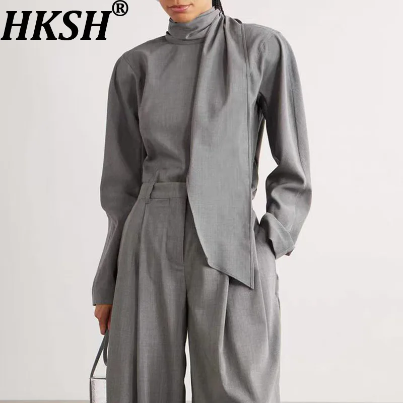 

HKSH Spring Autumn New Women Shirt Solid Color Backless Long Sleeves Fashion Elegant High Street Blouse Stylish Ins Tops HK16737