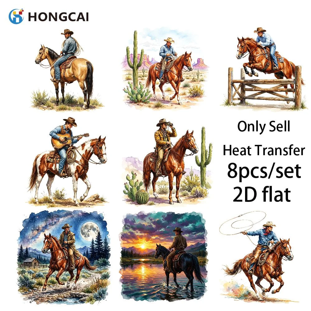 8Pcs Equestrian Rider HTV, 2D Ranch Life Flat Iron-on for Jackets, Abrasion-Proof Active Wear, High-Stretch No Crack Vinyl