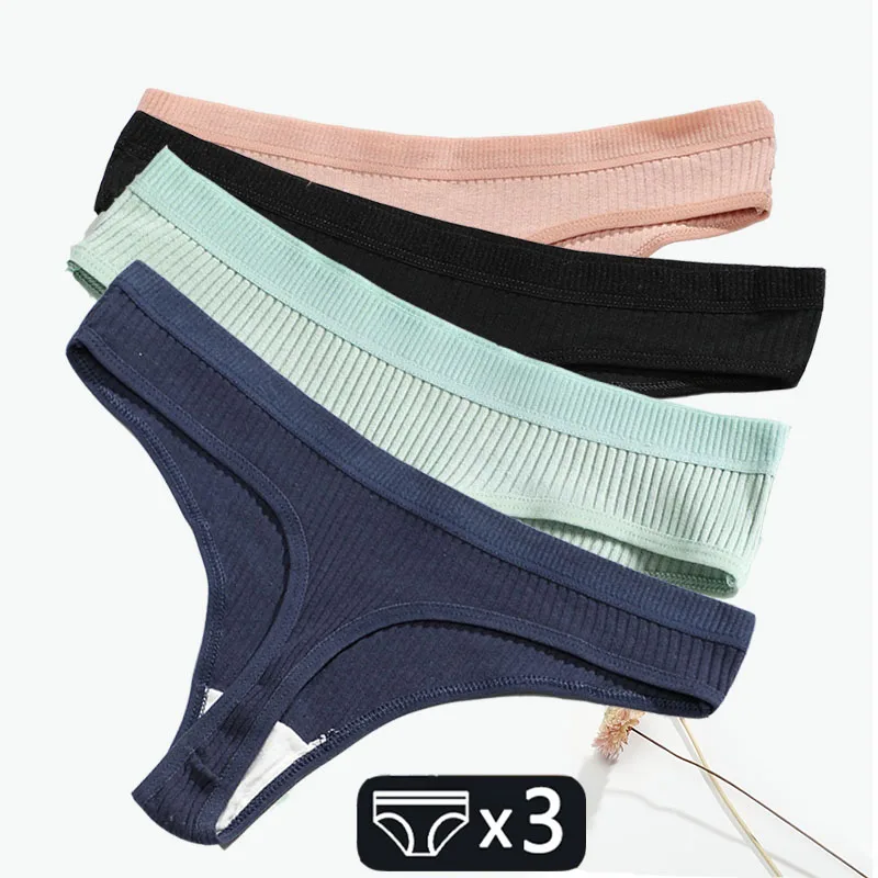 3Pcs/Lot Sexy Thong Women Tanga Low Waist Underwear Girls Brief Breath T-back Cotton Panties Female Solid Color Underpant Ladies