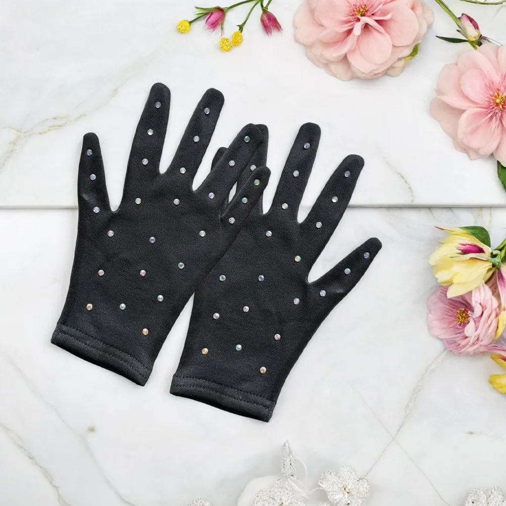 1Pair Women Rhinestone Figure Skating Performance Gloves Stretch Opaque Ice Skating Dance Party Stage Gloves