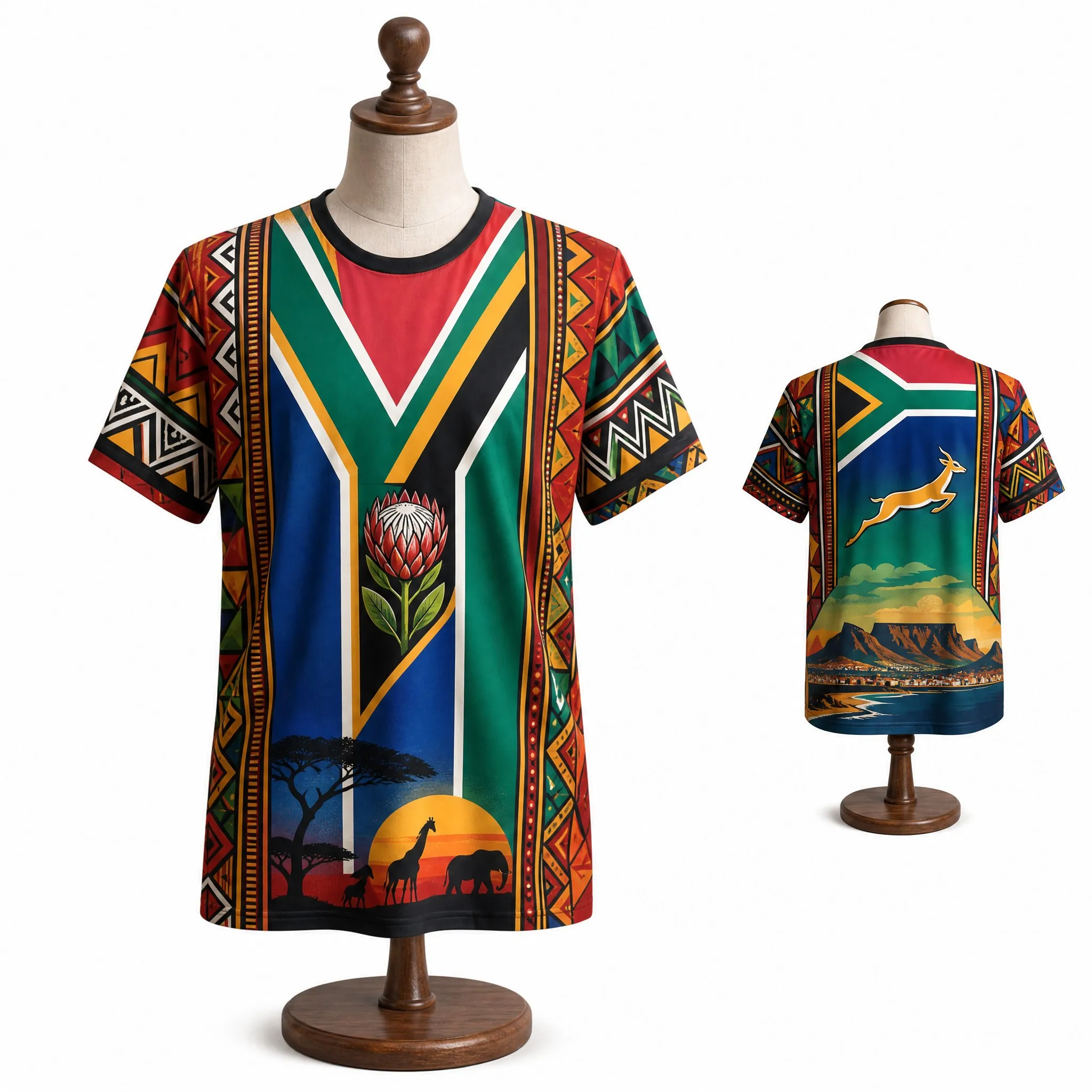 Mens South Africa Round Neck T Shirt Flag Scenic Protea Print Casual Short Sleeve Streetwear Summer Graphic Top Vacation Holiday