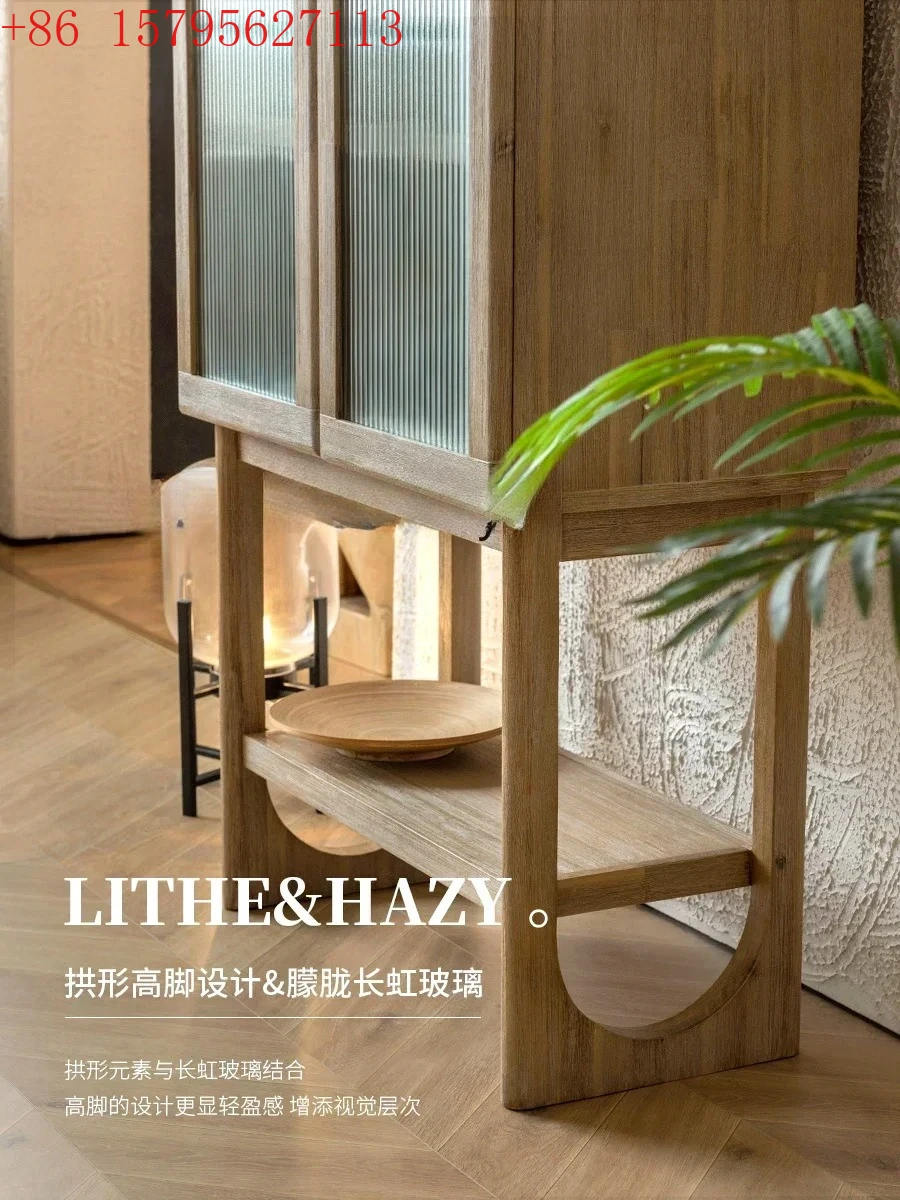 

V Solid wood wine cabinet living room dining side cabinet retro Nordic designer display high cabinet against the wall