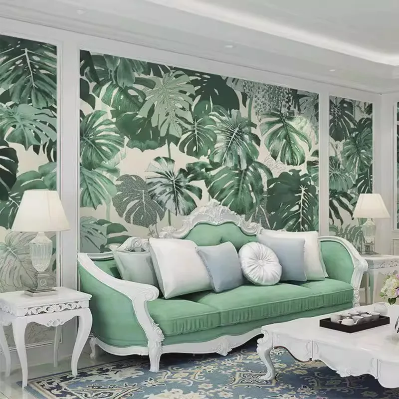 Custom Nordic minimalist small fresh green leaves wall paper for living room murals bedroom wallpaper watercolor TV background