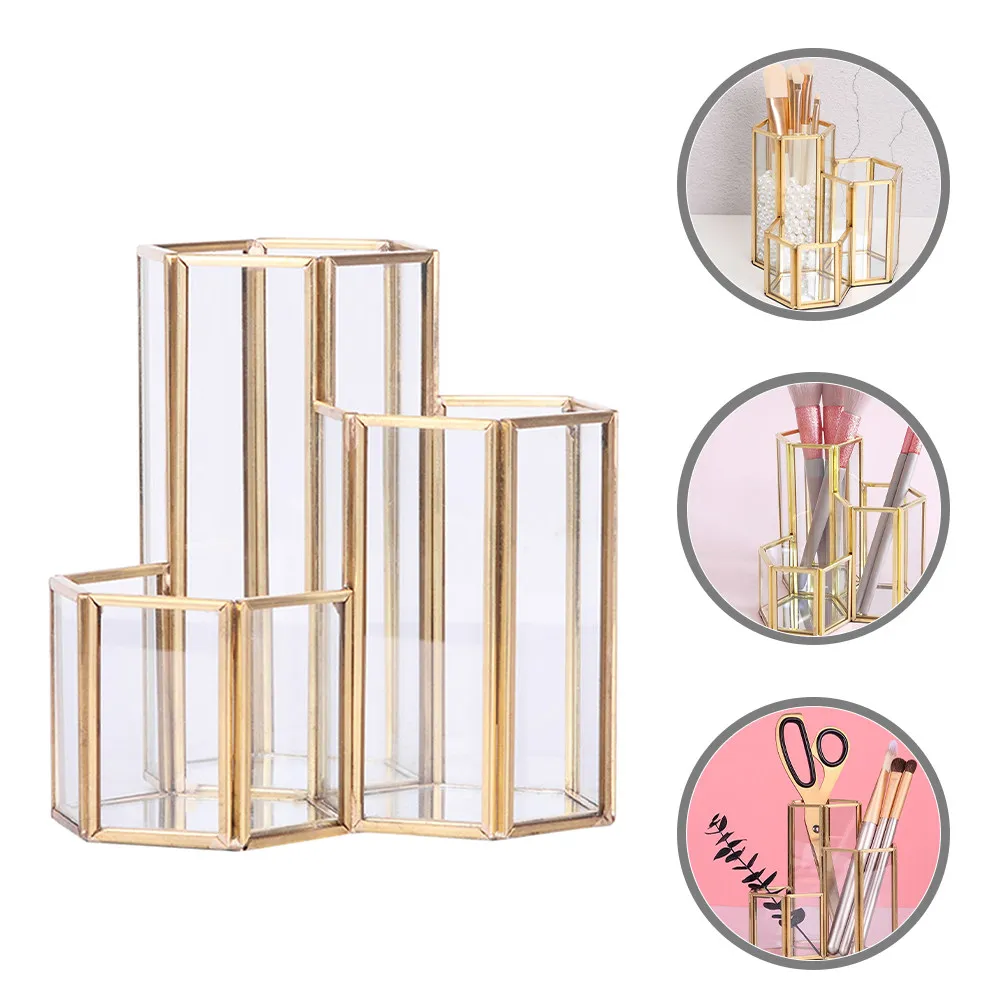 

Makeup Brush Holder Organizer Glass Three Grid Pen Holder Nordic Style Brush Storage Bucket Desktop Multifunctional