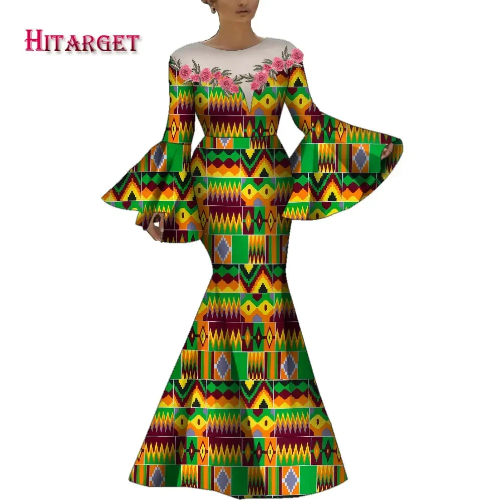 African Clothes for Women Flare Sleeve Dashiki Dresses with Embroidery Lady Mermaid Robe Dress Boat Neck Pluz Size Cotton WY9289