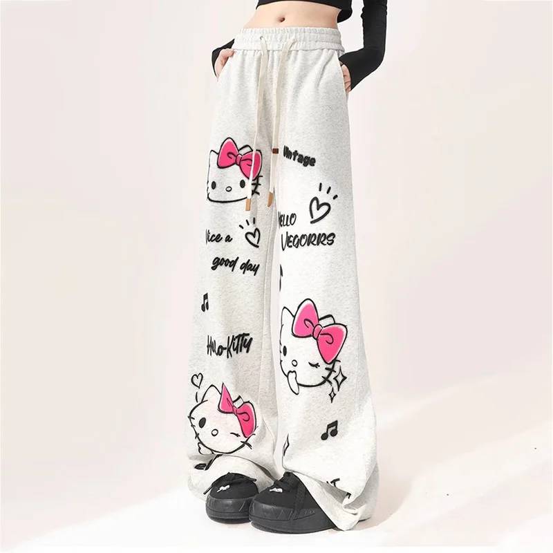 New Cute Hello Kitty Y2k Grey Pants Kawaii Printed Casual Loose High Street Wide Leg Elastic Waist Floor Pants for Women Anime