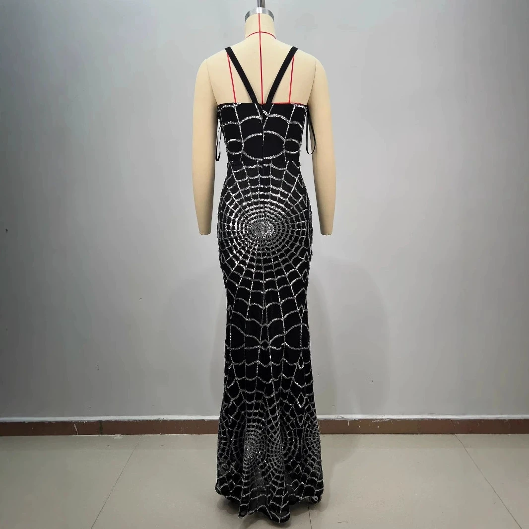 ダークナイトスパイダーウェブサテンドレススターダイヤモンド装飾三次元カットイブニングバンケット包帯ドレス-GZXX848