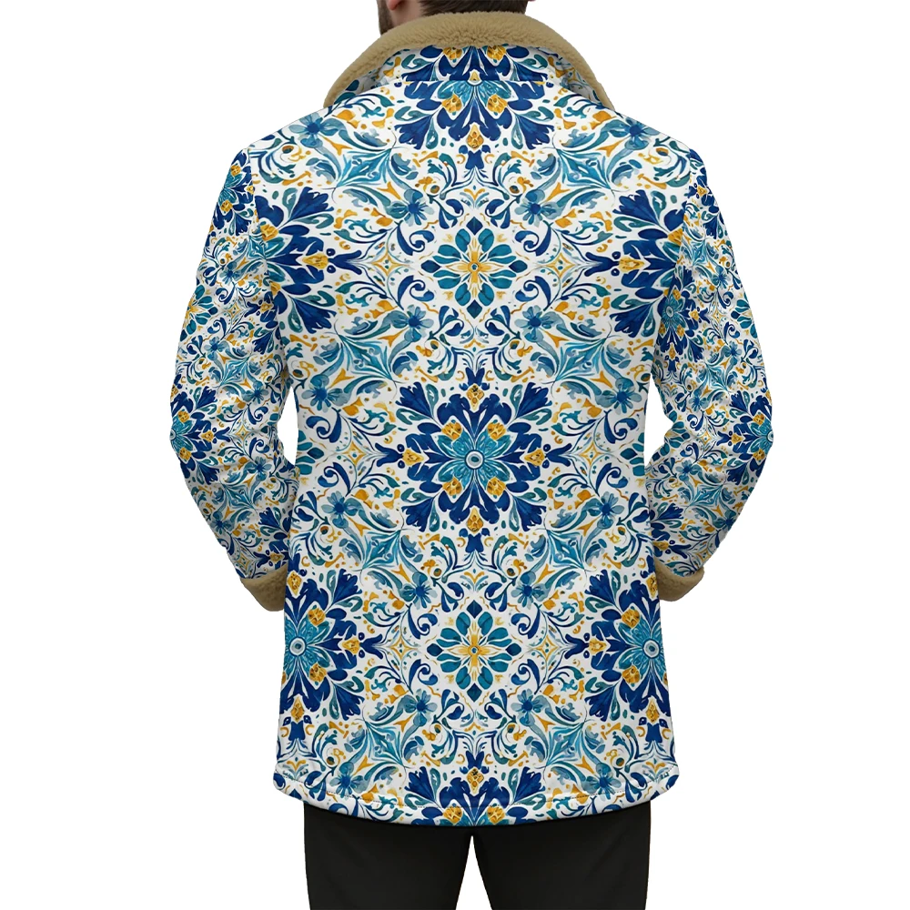 Vintage Ethnic Geometric Print Jacket Faux Fur Collar Colorful Patchwork Unisex Coat with Pockets Streetwear Artistic Outerwear