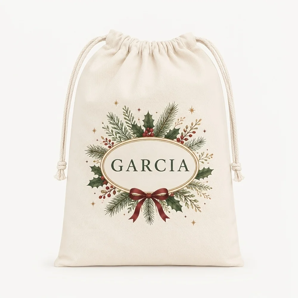 1Pc Custom Name/Text Christmas Wreath Pattern Imitation Hemp Gift Bag,Extra-Large Drawstring Bags,Party Candy Bag,Christmas Gift