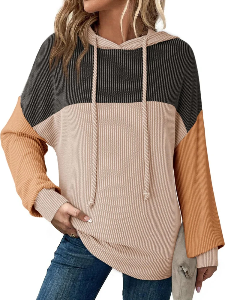 새로운 가을 여성 스트라이프 후드, 풀오버 후드, 긴 소매 후드, 패치 워크 후드, 여성용 캐주얼 후드, 여성 의류