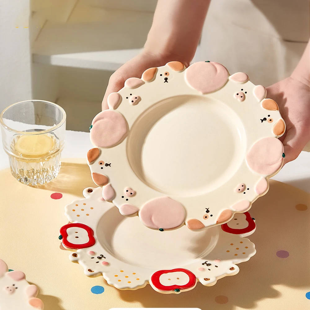 Cute Relief Embossed Ceramic Plates Irregular Scalloped Edge Cartoon Pattern Dining Plate Food-Safe Home Breakfast Tableware