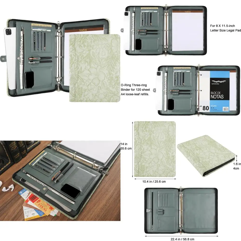 

Папка-портфель из веганской кожи, органайзер Padfolio с 3 кольцами, зеленая, профессиональная подставка для документов с карманами