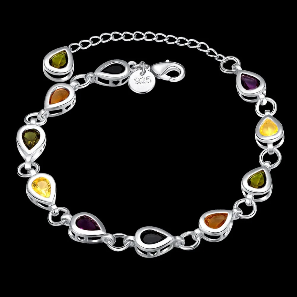 925 Sterling Silver Multicolour Zircons Chain Water Drop Rainbow Bracelet For Woman Fashion Charm Wedding Jewelry - view 4