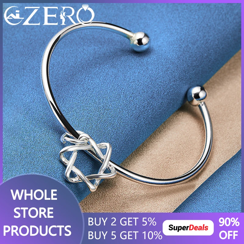 

ALIZERO 925 Sterling Silver Hexagram Cuff Bangle For Women Lady Open Bracelet Fashion Wedding Party Jewelry Holiday Gift