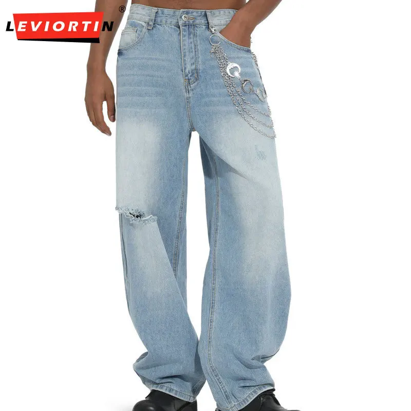 

ЭК ДЖИНСЫ | Корейский стиль, винтажные синие и белые рваные модные свободные джинсовые брюки Scimitar, модные