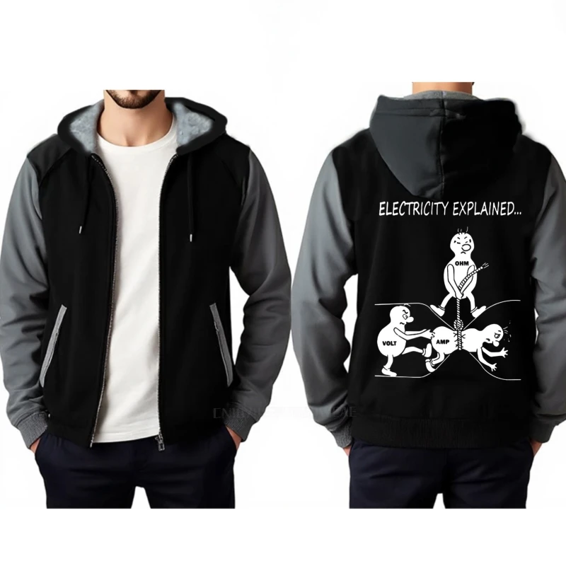 Hoodie vintage feminino quente eletricidade explicada meme dos desenhos animados na moda grosso com capuz treino pulôver masculino velo grosso hoodies