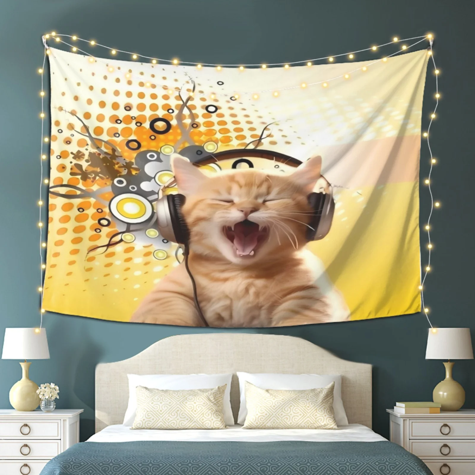 VIKAMA Listens To Music With Orange Cat Tapestries Retro Polka Dot Headphones Cat Prints Retro Style Vintage Decor