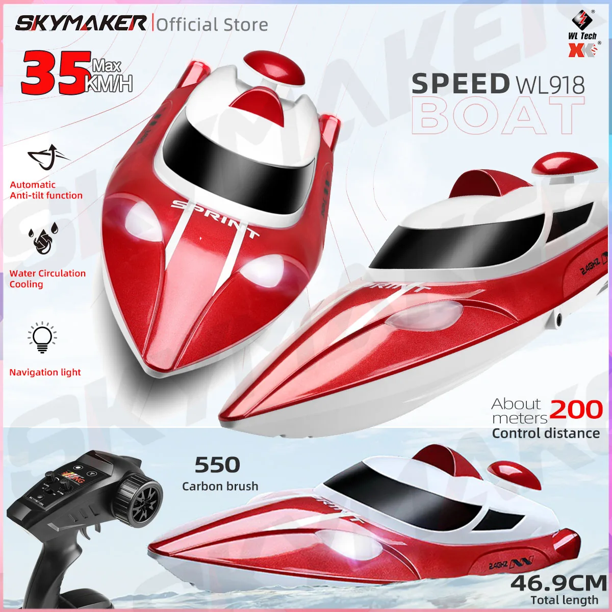 WLtoys Wl918 High Speed RC Boat 35km/h Remote Control Speed Racing Boats 2.4GHz Capsize Low Battery Alarm RC Boat Toy Kids Gift