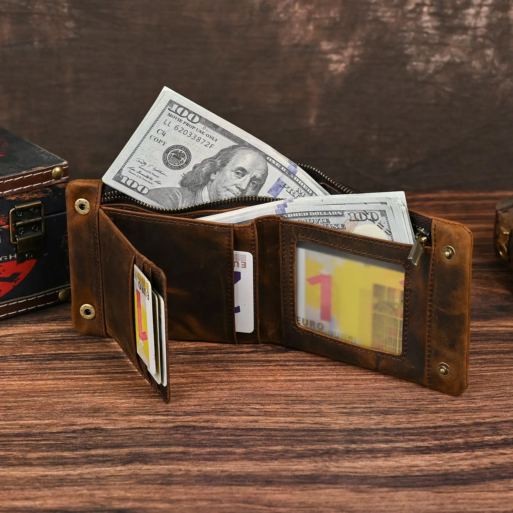 YETTIES Herren-Pull-Up-Geldbörse aus genarbtem Leder, kurzer Bifold-Reißverschluss mit abnehmbarer Kette, praktische Retro-Clutch für Herren – Detail 34