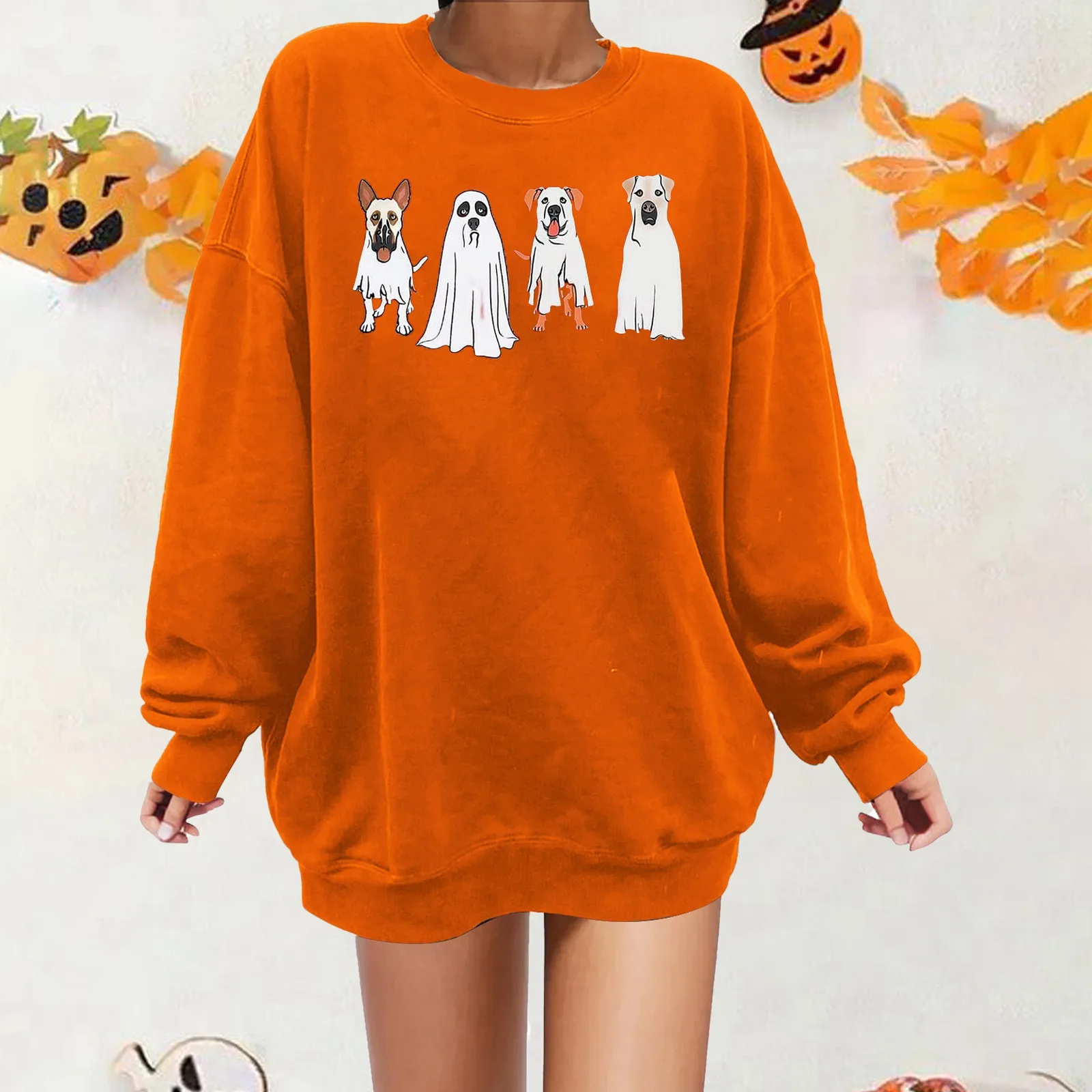 

Autumn Winter New Women's Halloween Cute Ghost Print Hoodie Loose Trendy Harajuku Kawaii Designs Couple Unisex Sweatshirt Top