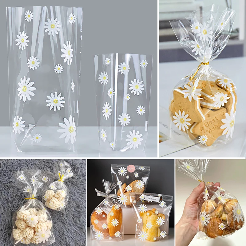 100/50PCS Daisy Candy Cookies Plastic Bags Transparent Baking Biscuits Gifts Packaging Bag For Wedding Birthday Party Decoration