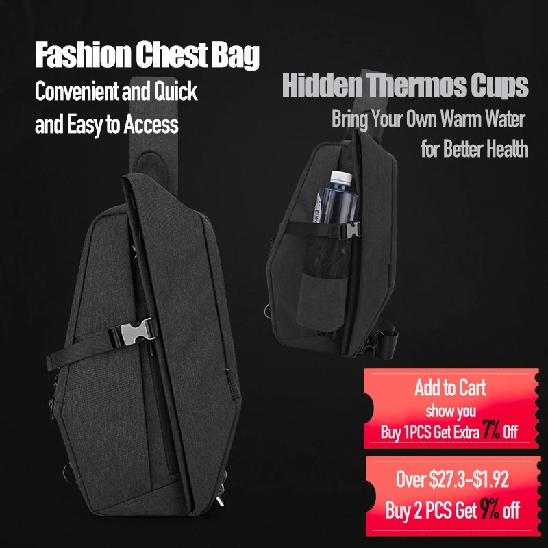 Men’s Chest Bag Waterproof Brand Crossbody Bags with Water Cup Pouch Slim High-quality Single Shoulder Pack Male Backpack Travel