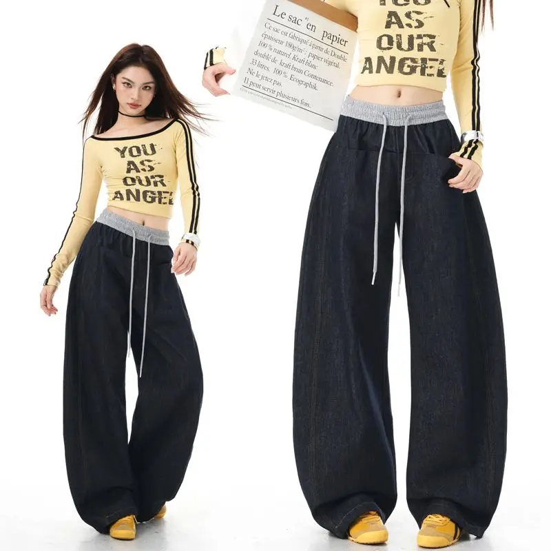 

Американские ретро джинсы для женщин, повседневные мешковатые широкие брюки длиной до пола, джинсовые брюки с высокой талией в стиле Харадзюку