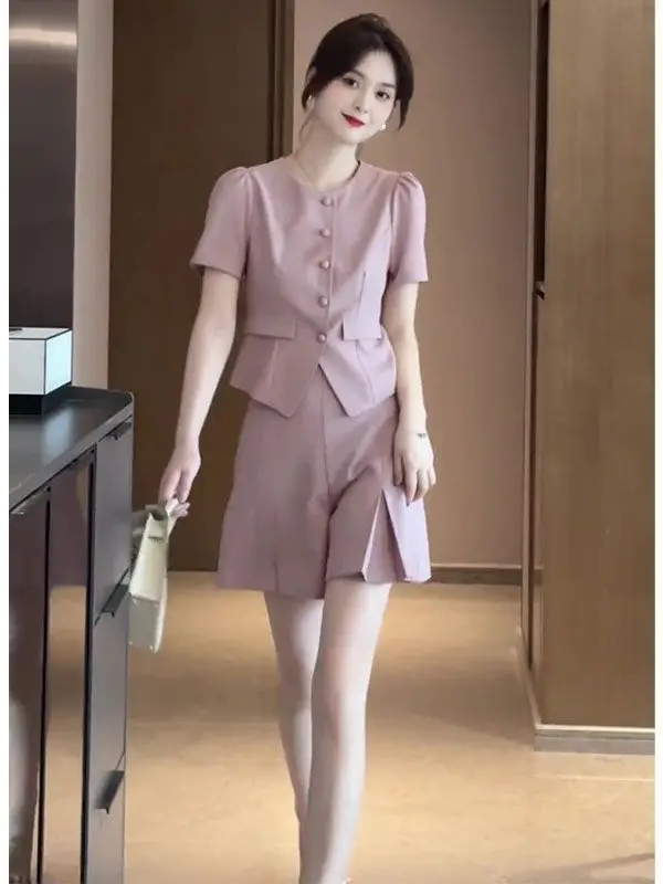 2024 Spring/Summer New Celebrity Style Bubble Sleeve Top+High Waist Slim Fit Versatile Shorts Two Piece Set